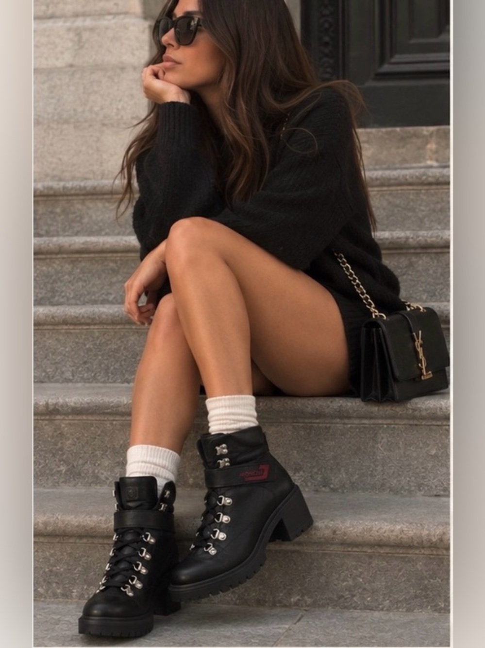 Moncler Black Leather Lace-Up Lug Heel Ankle Boots with Red Logo Patch